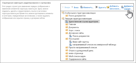 Структура навигации в параметрах навигации; выделена команда "Добавить ссылку"