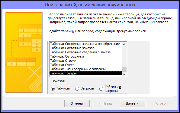 Выберите таблицу или запрос в диалоговом окне мастера поиска записей без подчиненных