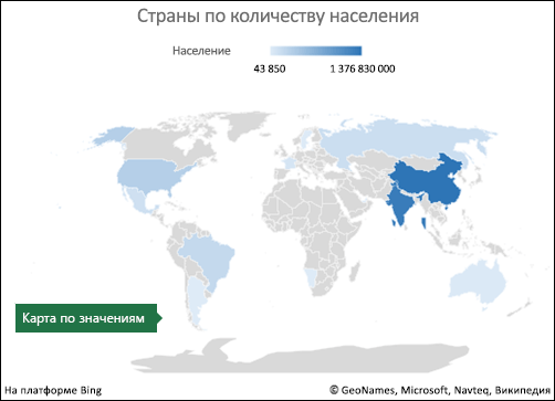 Диаграмма Excel с картой с данными значений