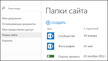 Выберите "Папки сайтов" на панели быстрых действий в Office 365, чтобы увидеть список сайтов SharePoint Online, которые вы отслеживаете.