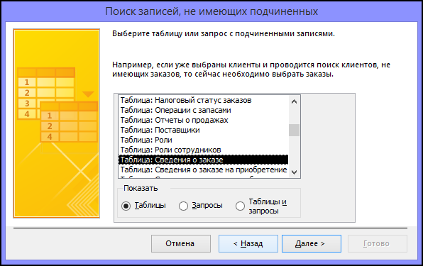 Выберите таблицу или запрос со связанными записями в диалоговом окне мастера поиска записей без подчиненных