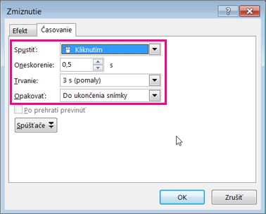 Nastavenie časovania, oneskorenia a trvania efektu animácie