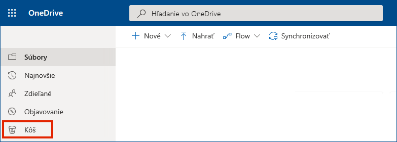 OneDrive for Business online so zobrazením koša v ľavej ponuke