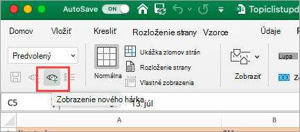 Zobrazuje tabuľkový hárok Excelu