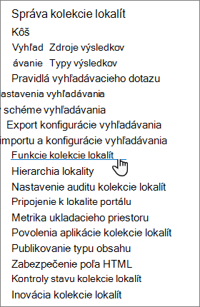 Možnosť Funkcie kolekcie lokalít v nastaveniach lokality SharePoint