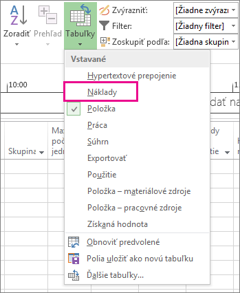 Tabuľka nákladov v ponuke Tabuľky