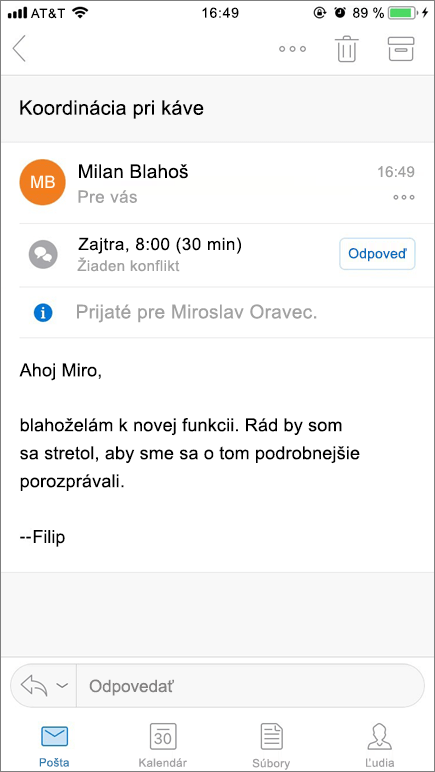 Snímka obrazovky zobrazujúca položku pošty na obrazovke mobilného zariadenia.