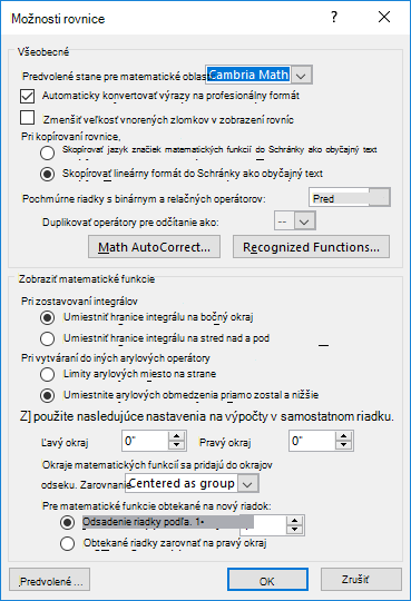 Obrázok znázorňujúci dialógové okno Možnosti rovnice