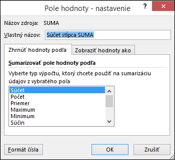 Dialógové okno Excelu Nastavenie poľa hodnoty pre možnosť Zhrnúť hodnoty podľa