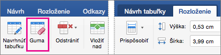 Karta Rozloženie vedľa karty Návrh tabuľky so zvýraznenou položkou Vymazať