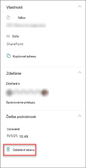 Snímka obrazovky s možnosťou odstránenia strany na table s podrobnosťami o strane