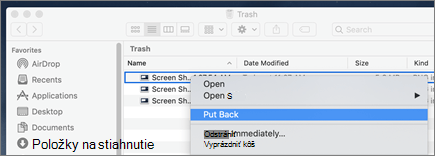 Kliknutím pravým tlačidlom myši na ponuku môžete súbor v Macu obnoviť z Koša.