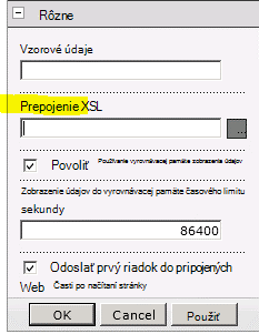 Vlastnosť prepojenia XSL v ponuke Webová časť