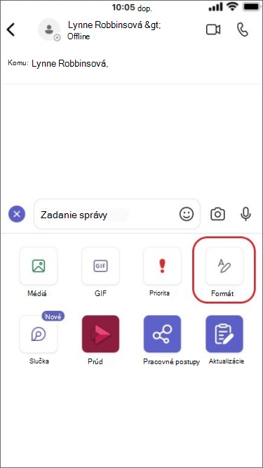 otvorenie nástroja na formátovanie chatovej správy v mobilnom zariadení