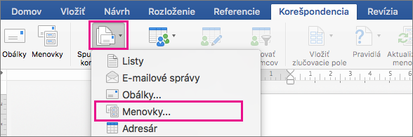 Na karte Korešpondencia sú zvýraznené možnosti Spustiť hromadnú korešpondenciu a Menovky