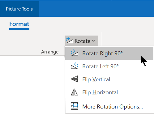 Tlačidlo Otočiť sa nachádza na karte Formát na páse s nástrojmi v skupine Usporiadať.