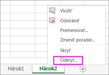 Kliknutím pravým tlačidlom myši na uško ktorékoľvek hárka zistíte prítomnosť skrytých hárkov.