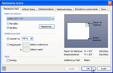 Dialógové okno Nastavenie strany