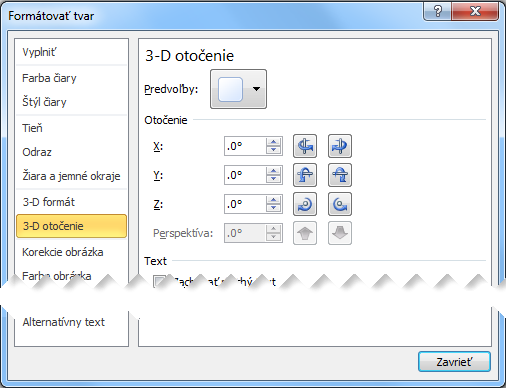 Položka Priestorové otáčanie v dialógovom okne Formátovať tvar