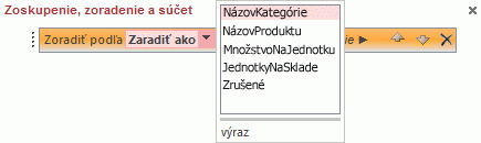 Zoznam polí na table Zoskupenie, zoradenie a súčet