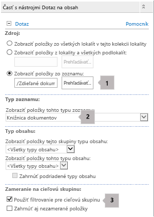 Zoznam vlastností webovej časti dotaz na obsah s tromi bublinami