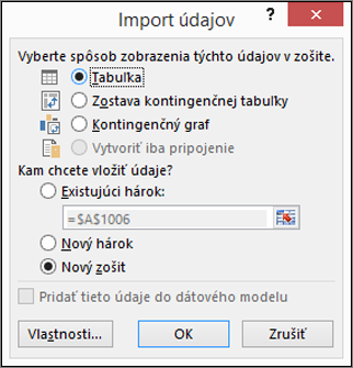 Dialógové okno Import údajov v Exceli 2016