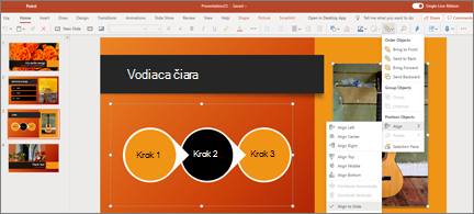 Snímka s 2 vybratými objektmi a vybratou možnosťou Zarovnať na snímku v ponuke Usporiadať