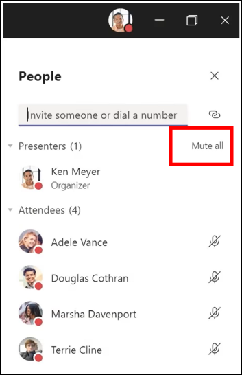 Môžete stlmiť všetkých účastníkov schôdze.