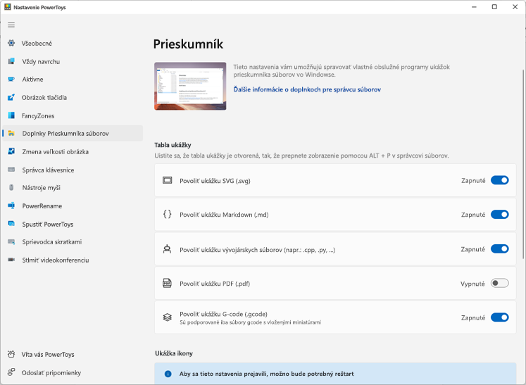 Okno so zobrazením nastavení v Power Toys.