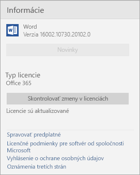Okno Informácie týkajúce sa Wordu Mobile