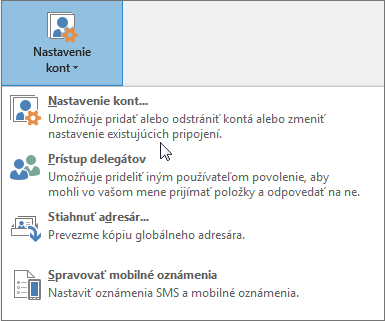 Možnosti dostupné pri výbere nastavení konta v Outlooku