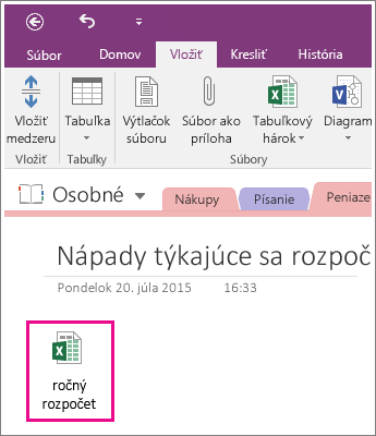 Snímka obrazovky s priloženým tabuľkovým hárkom vo OneNote 2016.