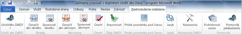 Karta Zjednodušenie ovládania na páse s nástrojmi doplnku Uložiť ako DAISY