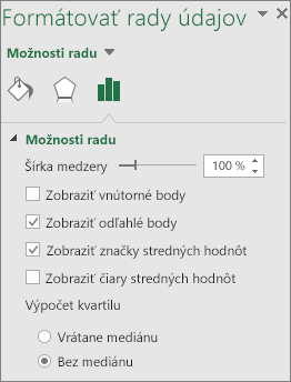 Pracovná tabla Formátovať rady údajov so zobrazenými možnosťami škatuľového grafu v programoch balíka Office 2016 pre Windows