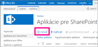 Prepojenie Nová aplikácia v knižnici Aplikácie pre SharePoint v katalógu aplikácií