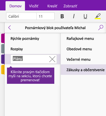 Snímka obrazovky premenovania sekcie vo OneNote