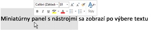 Miniatúrny panel s nástrojmi s vybratým textom