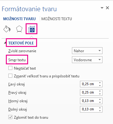 Výber smeru textu na table Formátovať tvar