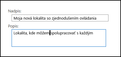 Dialógové okno nadpisu novej lokality v SharePointe Online