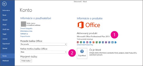Súbor > Konto vo Worde 2013