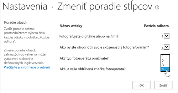 Dialógové okno na zmenu poradia otázok so zvýrazneným rozbaľovacím zoznamom na jednej otázke