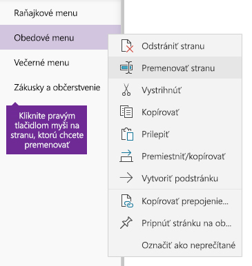 Snímka obrazovky premenovania strany vo OneNote