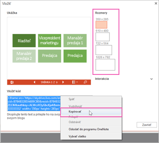 Kliknite pravým tlačidlom myši na vkladací kód, kliknite na položku Kopírovať a potom na tlačidlo Zavrieť