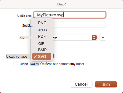 Dialógové okno Uložiť ako v PowerPointe 2021 pre Mac s vybratou možnosťou SVG