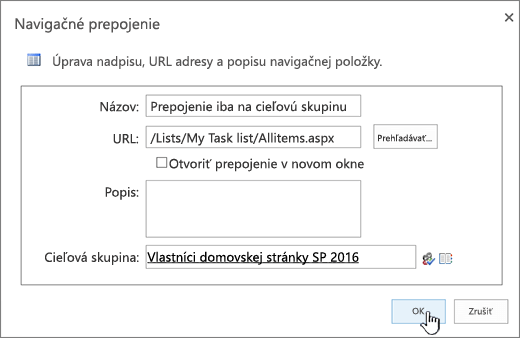 Vlastnosti navigačného prepojenia so zvýrazneným tlačidlom OK.