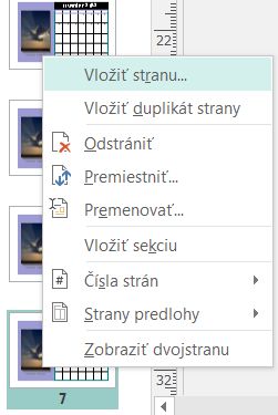 Na vloženie strany kliknite pravým tlačidlom myši na stranu na table Navigácia strany.