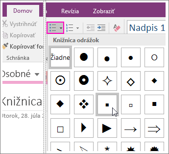 Snímka obrazovky s postupom pridania odrážok na stranu vo OneNote 2016.