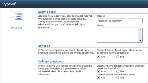 Stránka Možnosti prieskumu v SharePointe 2010