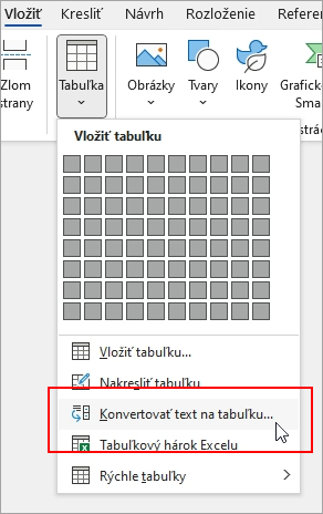 Na karte Vložiť je zvýraznená možnosť Konvertovať text na tabuľku.