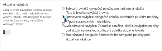 Sekcia Aktuálna navigácia s vybratou položkou Spravovaná navigácia